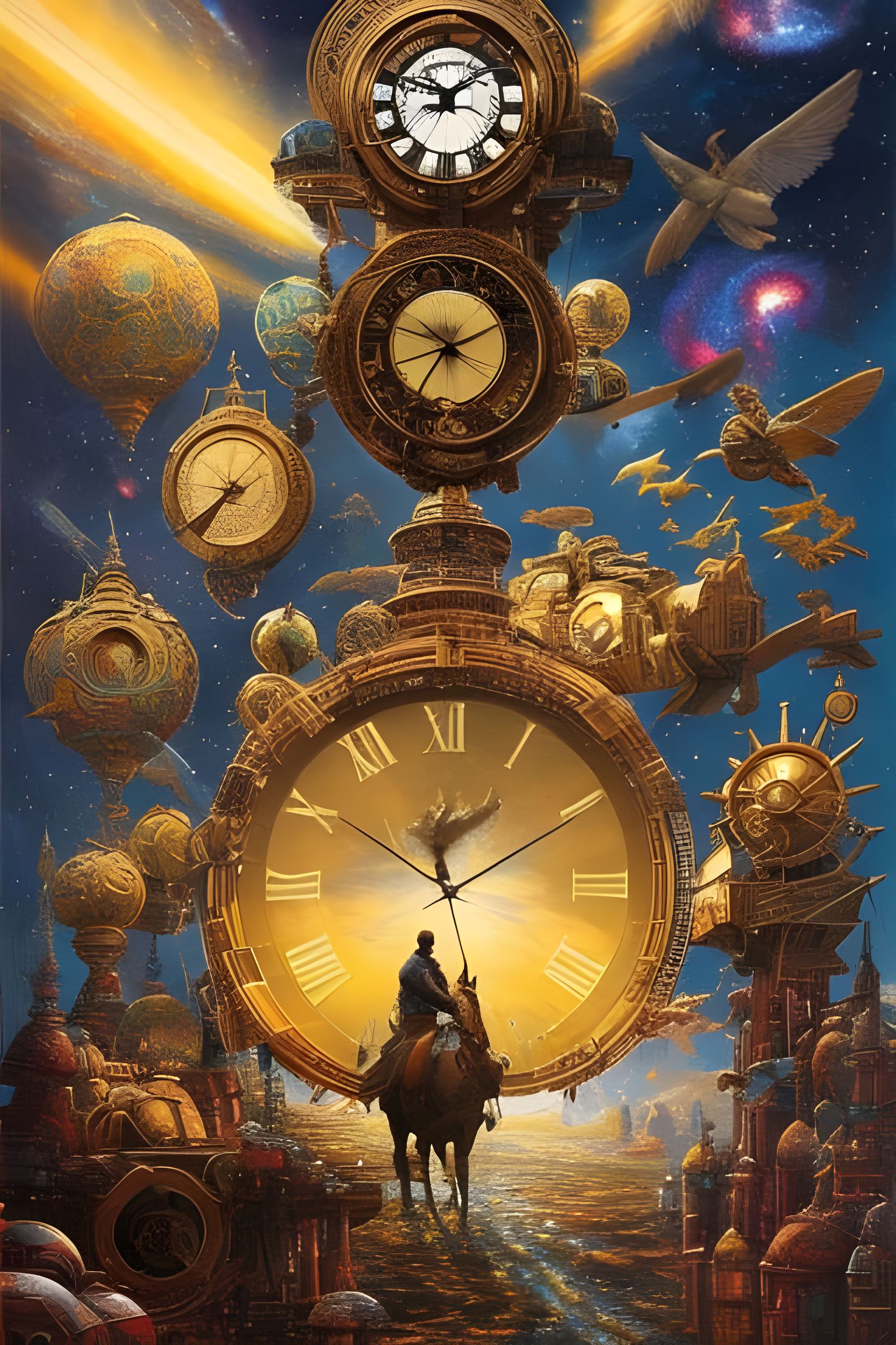 Rider Astride Time with Galaxy Clocks