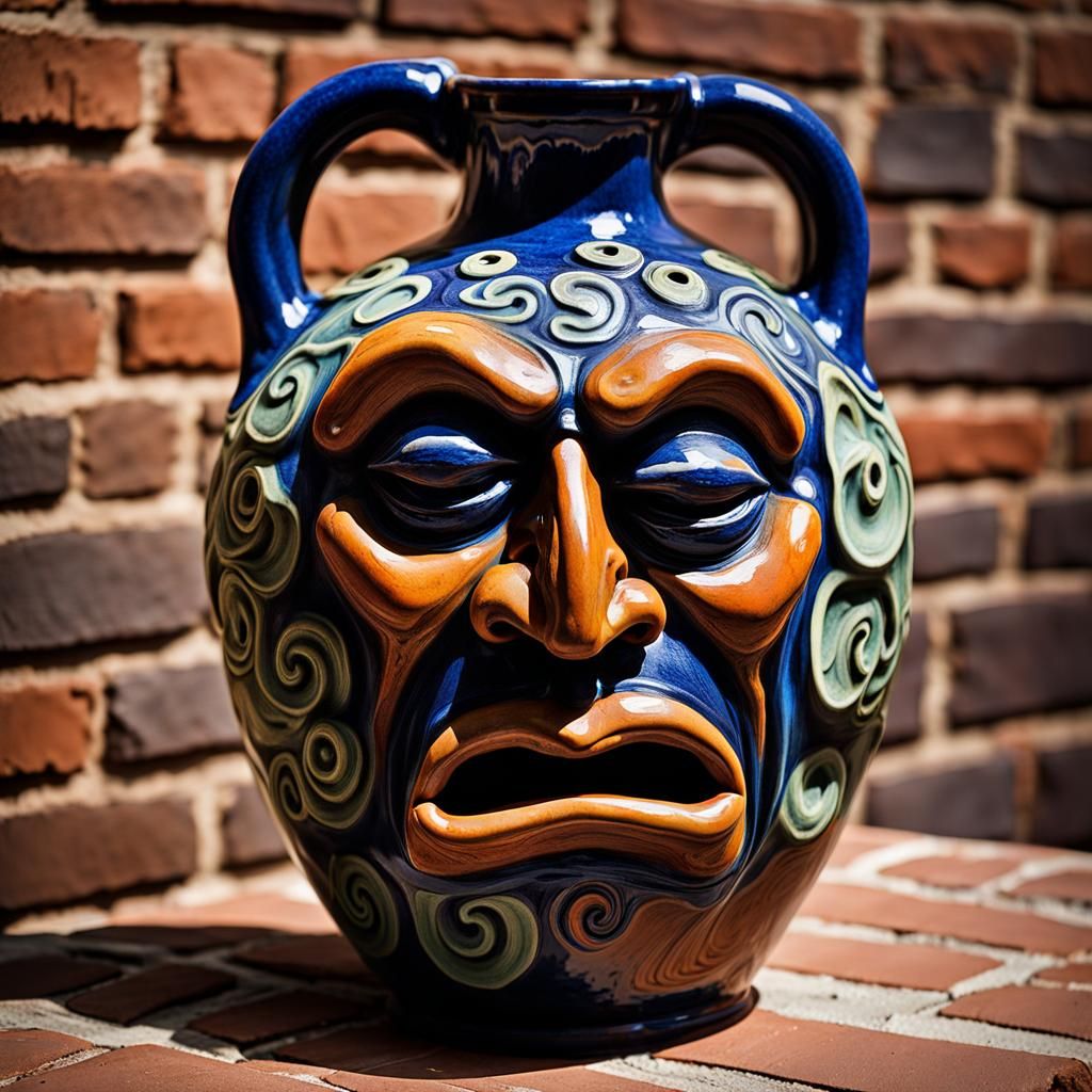 Grotesque Glazed Face Jug: High-Resolution Pottery
