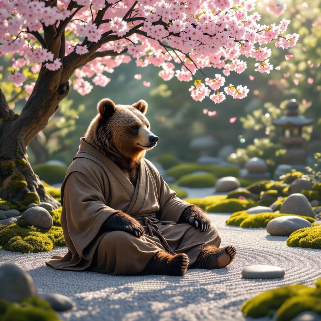 Grizzly Bear Meditating in Zen Garden