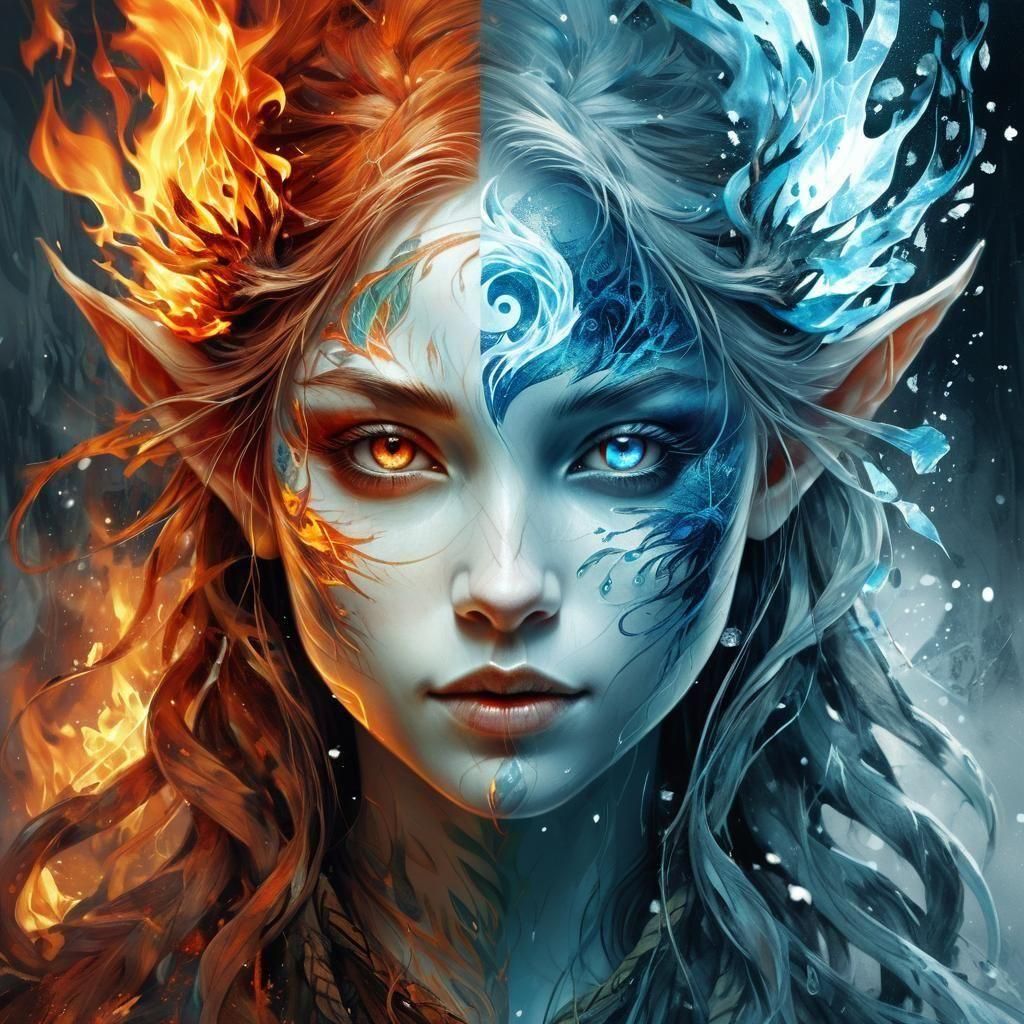Fire and Ice Yin Yang Elf Portrait