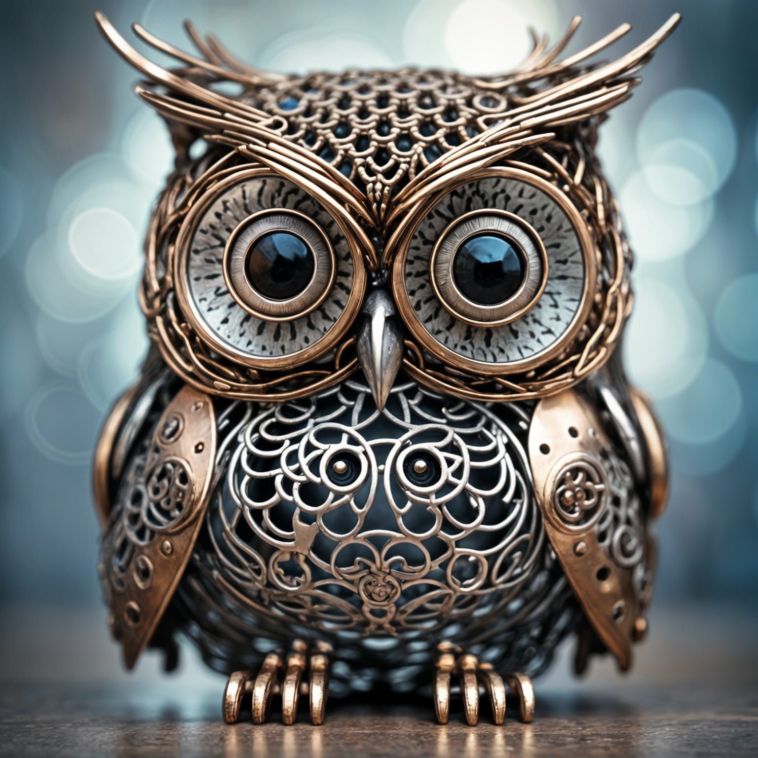 Detailed Metal Owl Cyborg Sculpture