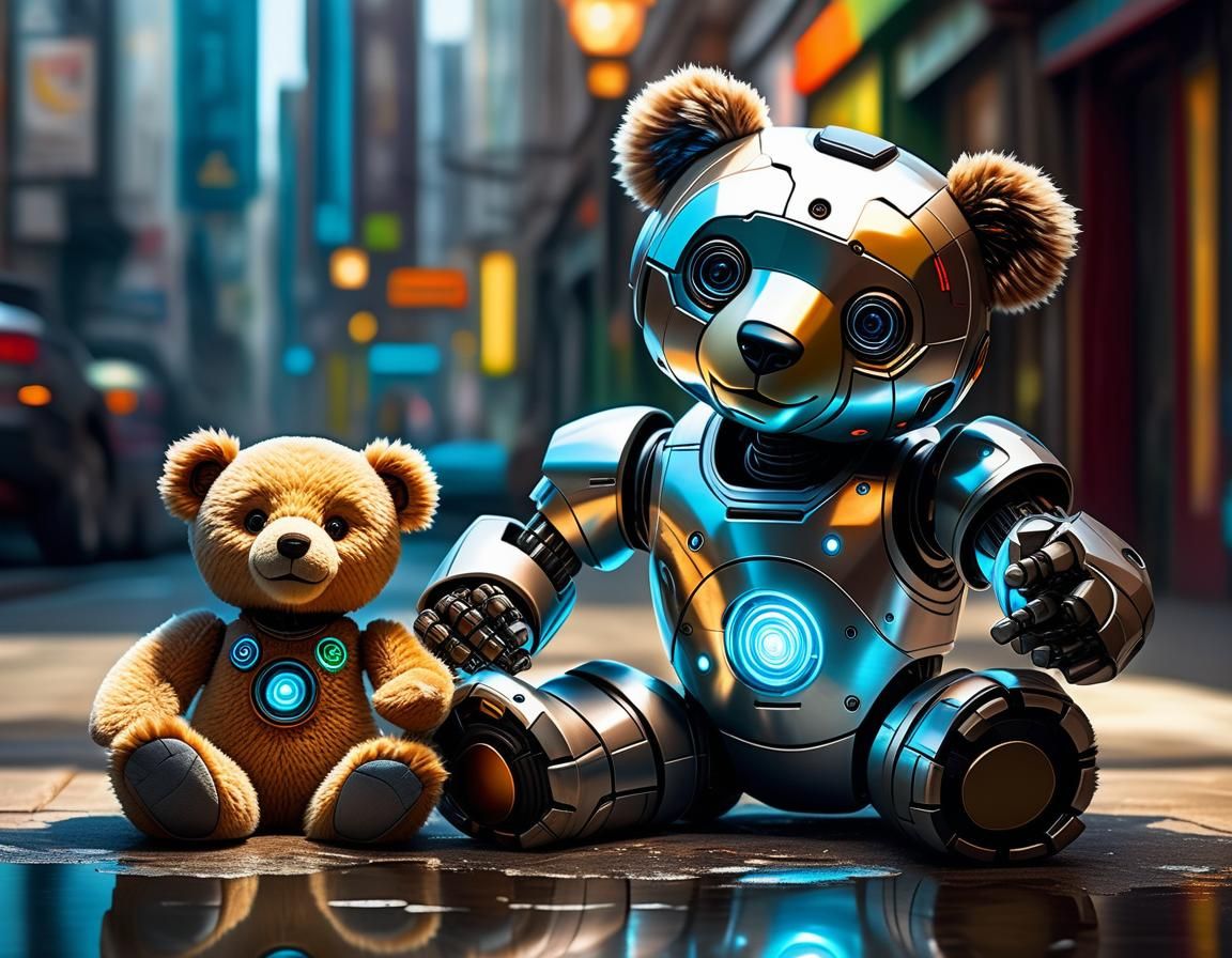Child's Joy: Robot Teddy Bear in Hyperrealistic Painting