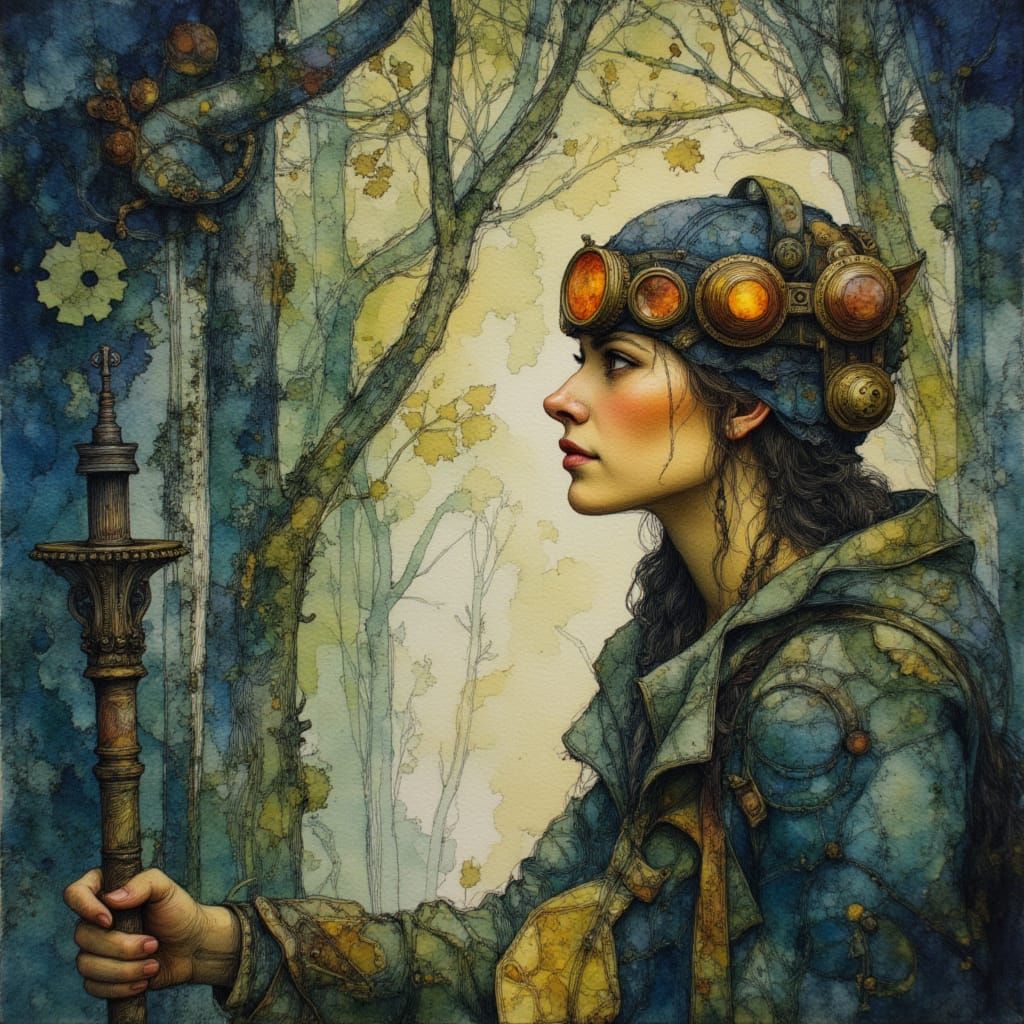 Steampunk Druid Wanders in Ancient Forest in Alcohol Ink