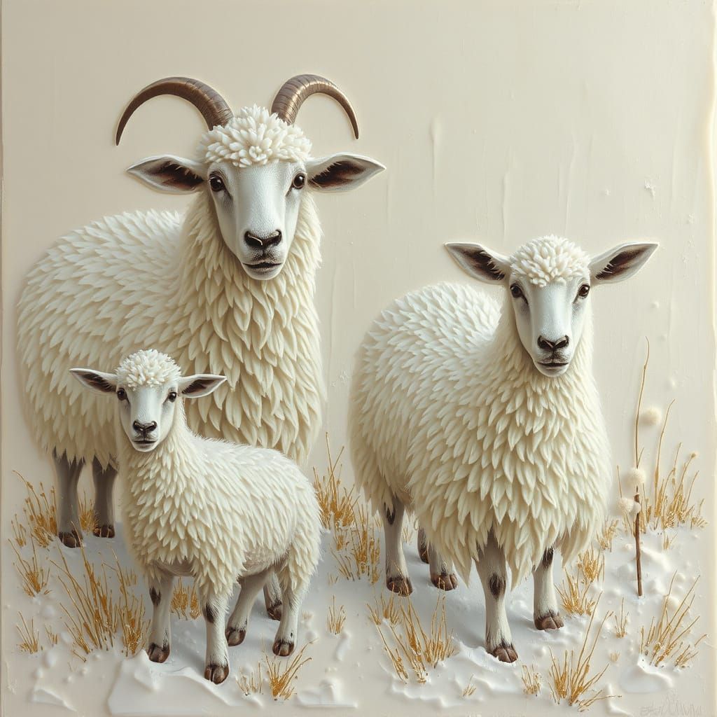 Encaustic Sheep and Goats in Snowy Meadow