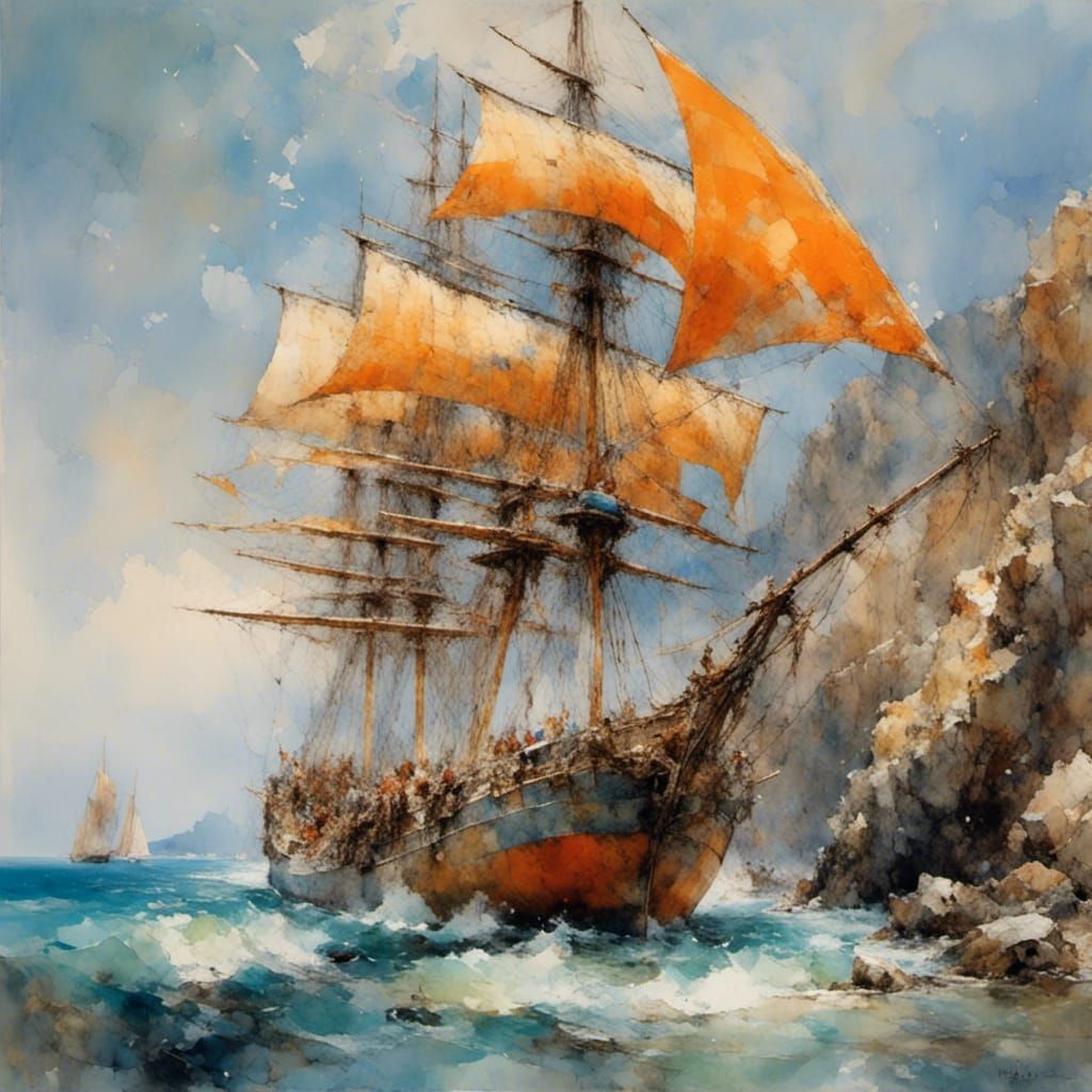 Sailboat at Rocky Coast in Expressionist Style