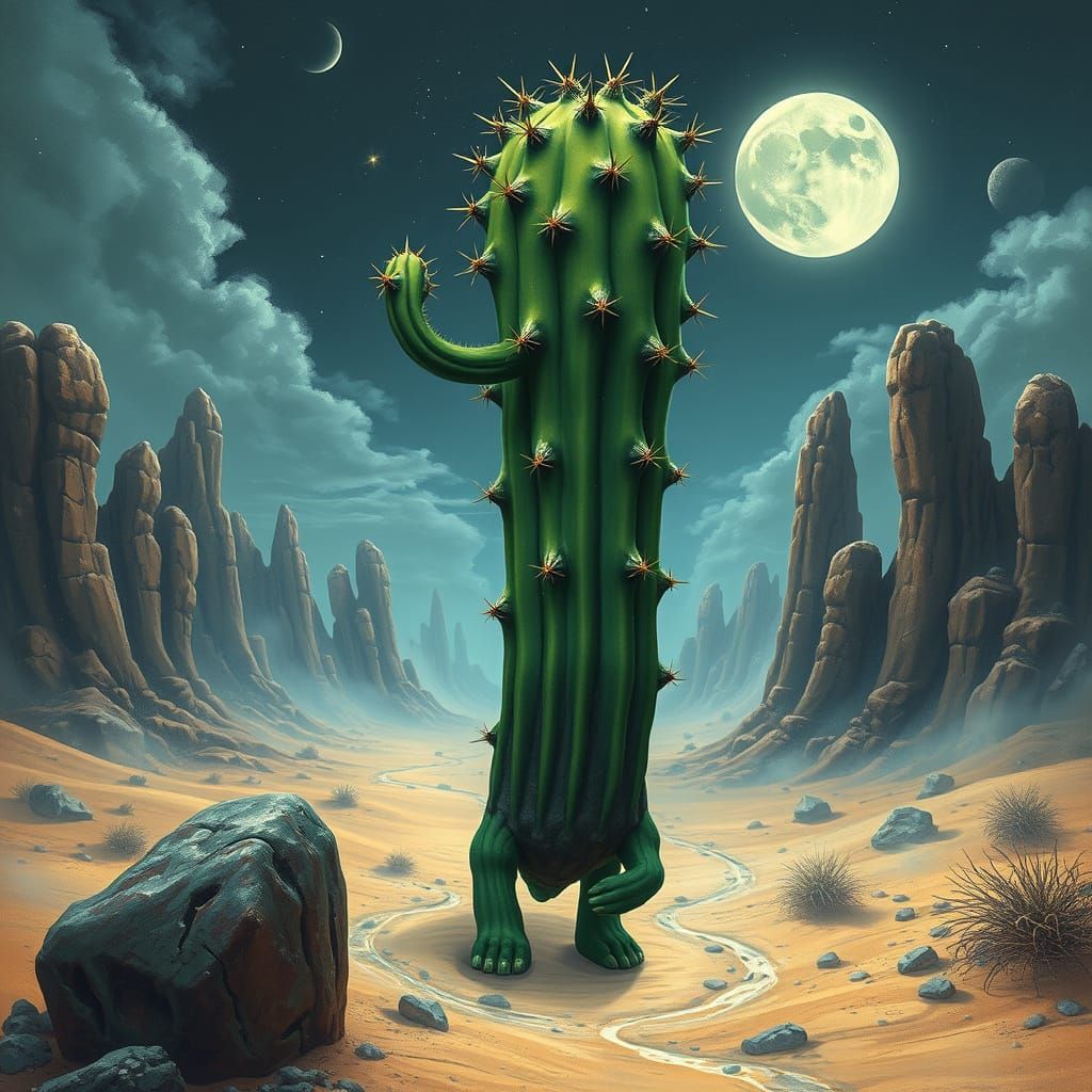 Fantastical Cactus Creature in Dreamlike Desert Landscape