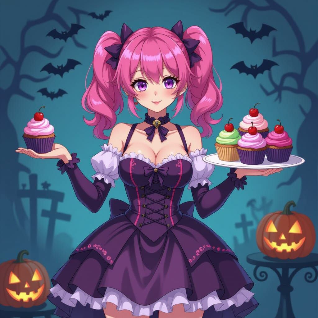 Gothic Cupcake Woman in Anime Style