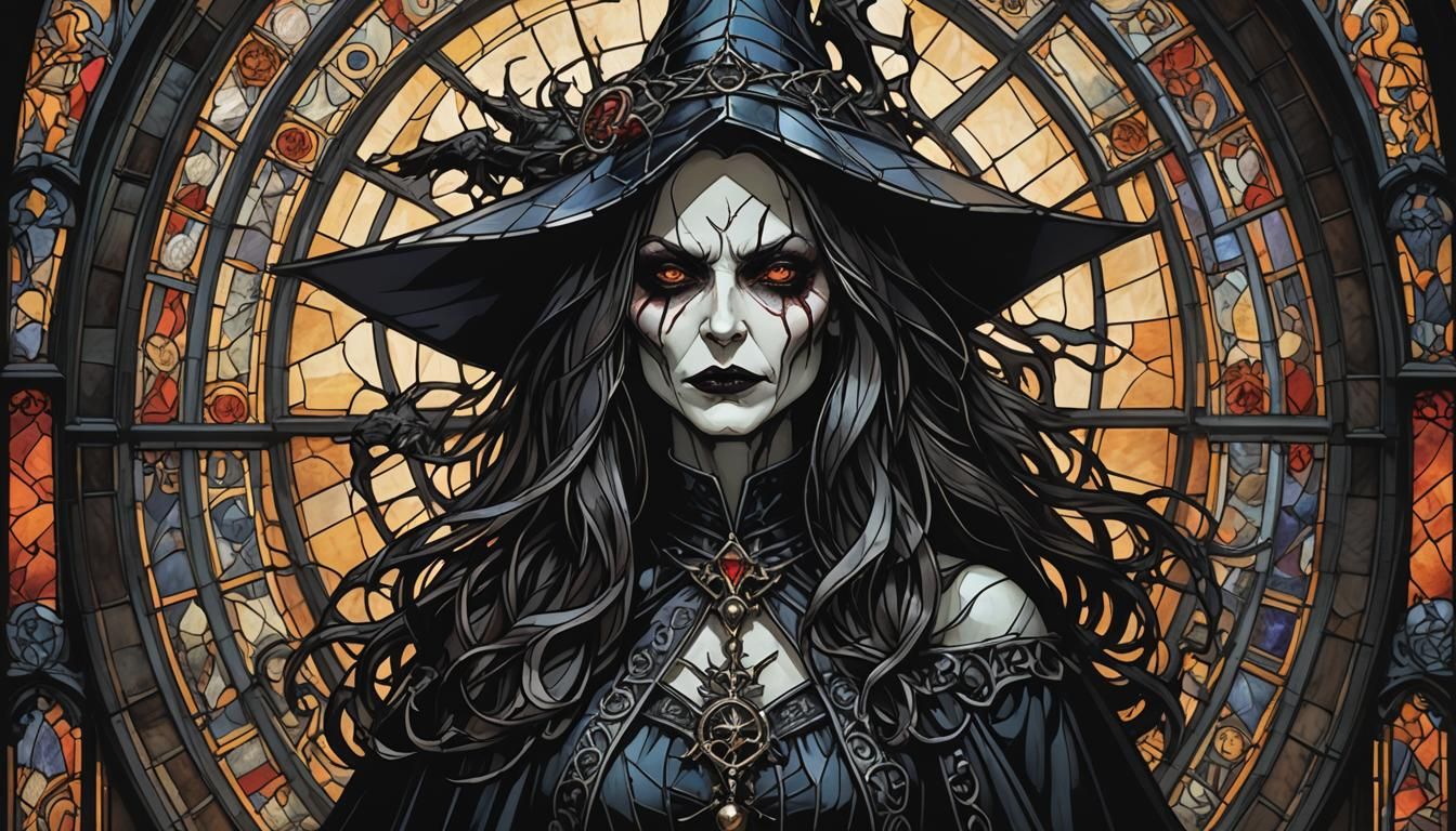 Sinister Gothic Witch Stained Glass Art