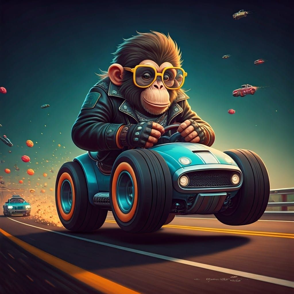 Monkey Drives Donut Car in Cartoonish Style