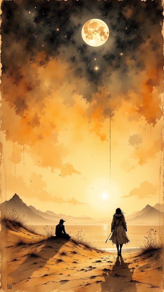 Desert Explorer at Dawn in Grunge Sketch Style