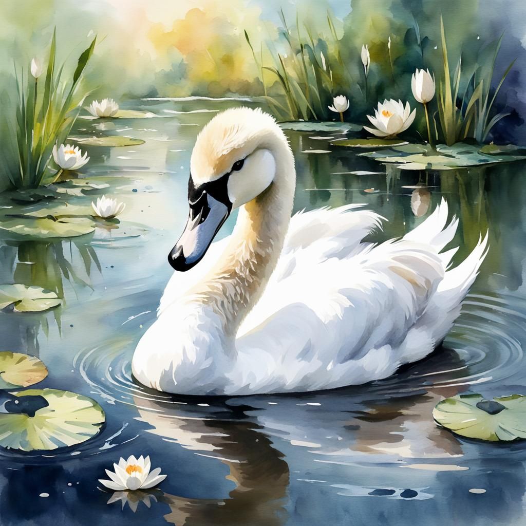 Romantic Watercolor Portrait of a Cute Cygnet Swan