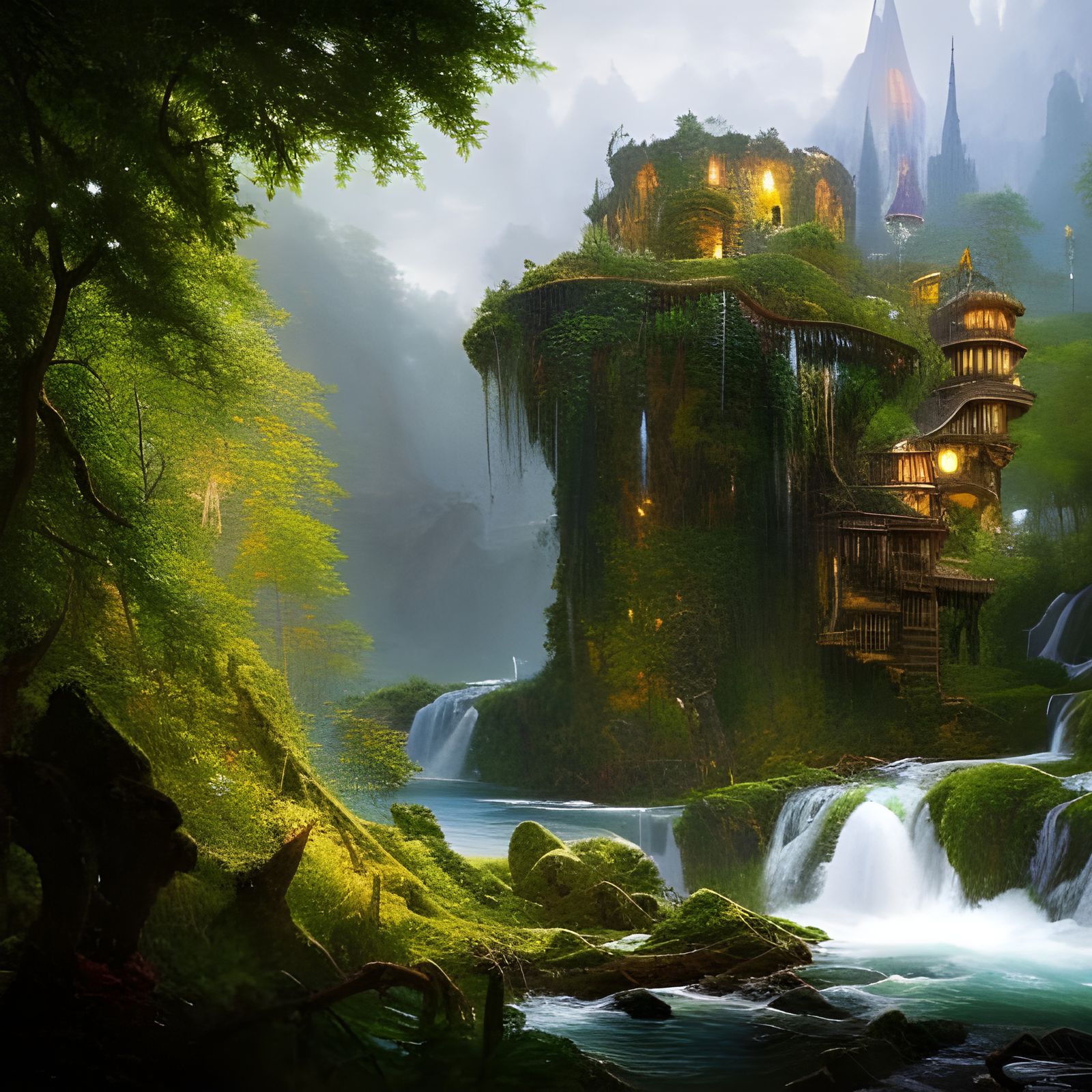 Medieval Village in Jungle, Detailed Digital Painting