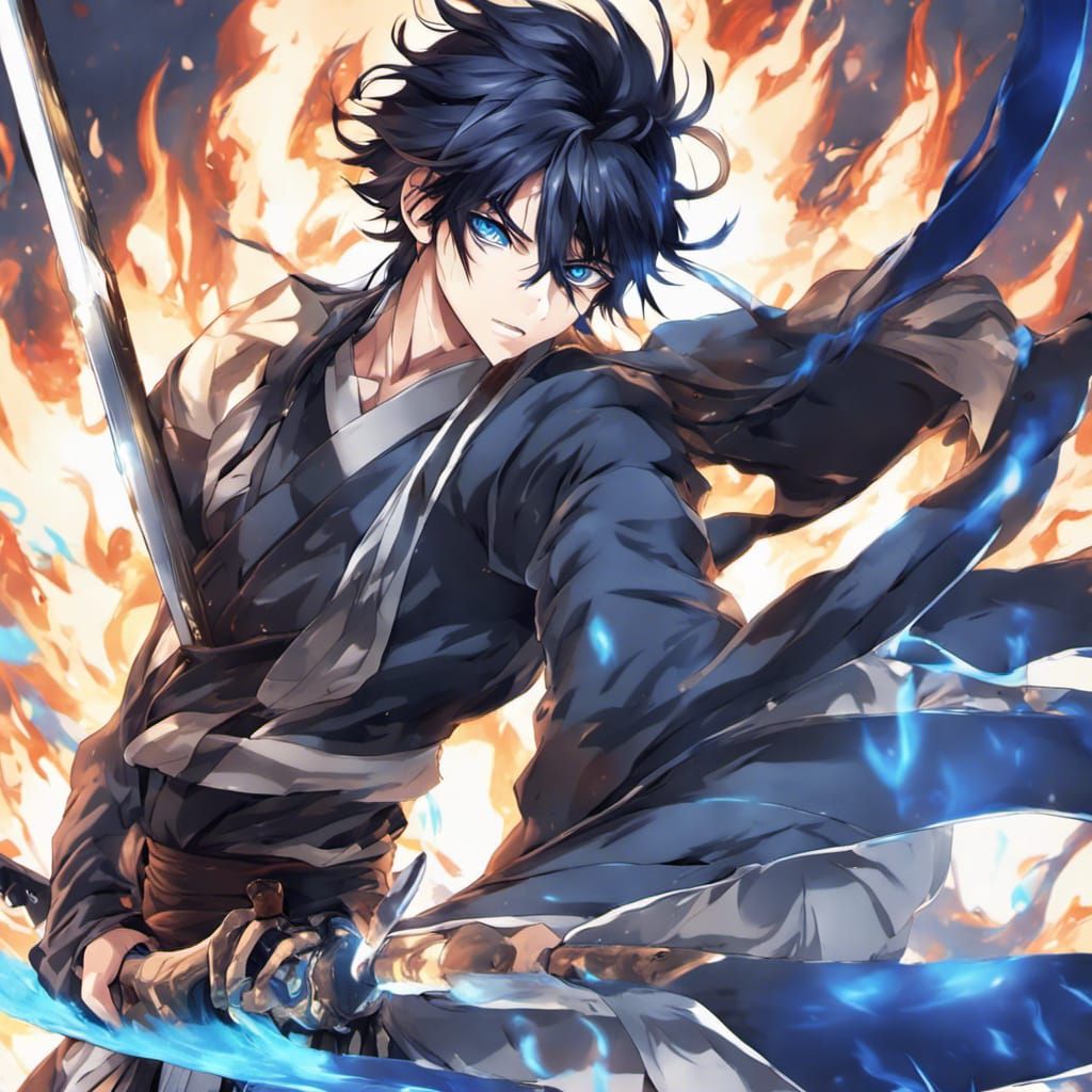 Anime Hero Wielding Blue Flames and Katana