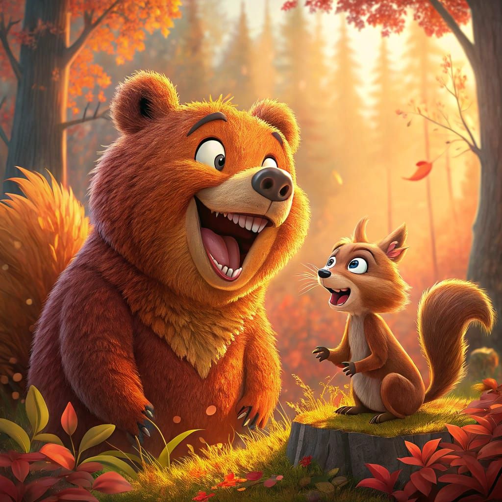 Cartoon Bear and Squirrel Wink in Autumn Forest