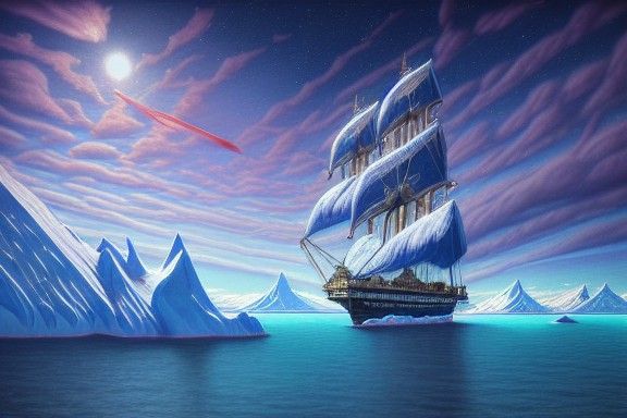 Flying Pirate Ship Sails Over Antarctic Dreamscape