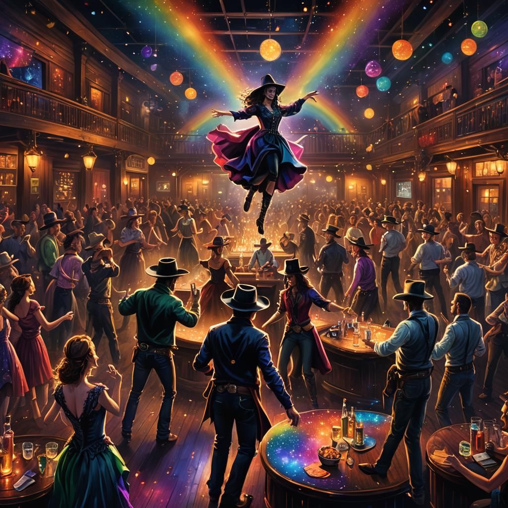 Magical Dance Floor Scene with Cowboys and Witches