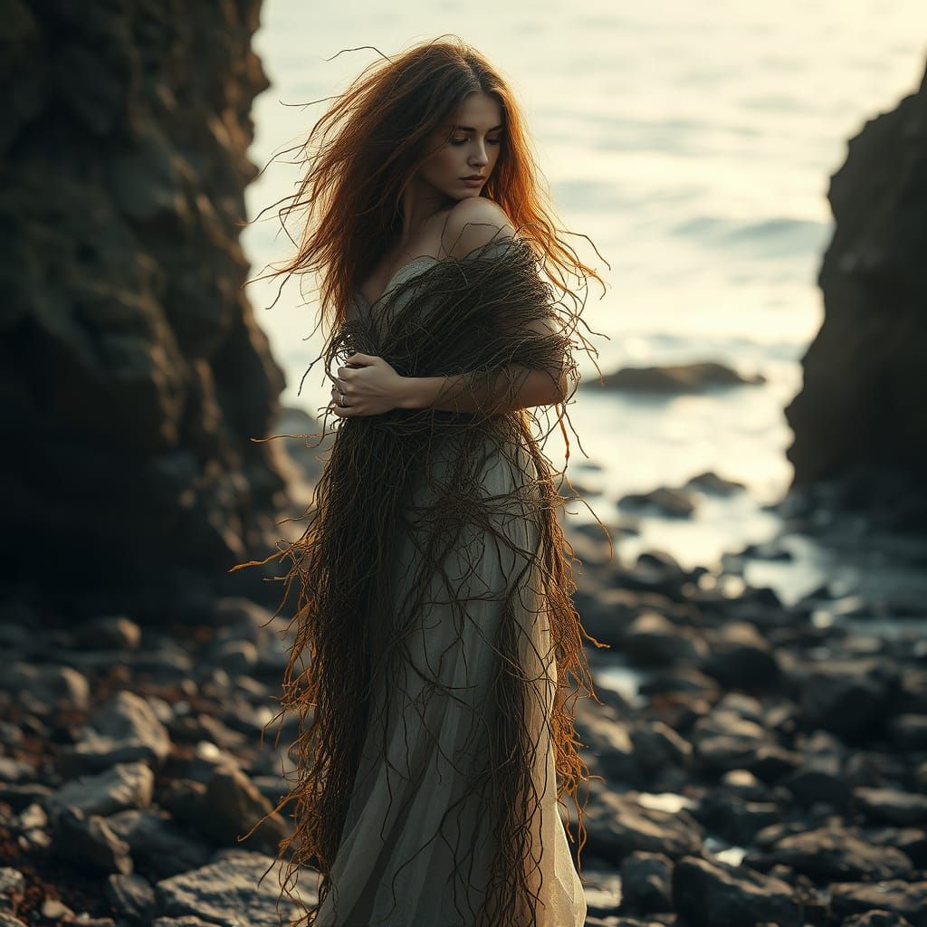 Woman in Seaweed on Rocky Coastline, Painterly Style