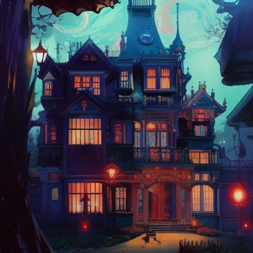 Cyber Victorian Gingerbread Mansion Illustration