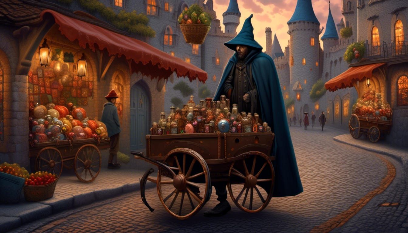 Mysterious Mage Surveys Streets in Whimsical Setting