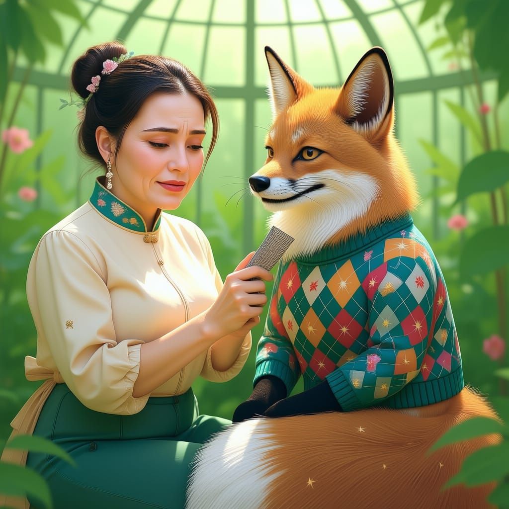 Fairytale Groomer Tends Majestic Fox in Enchanted Greenhouse