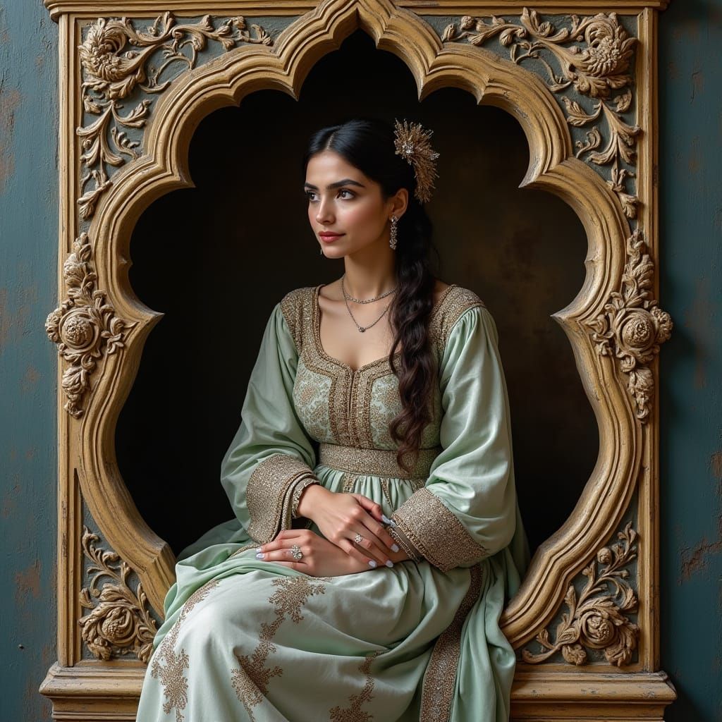 uma linda mulher irania de 25 anos nUma moldura barroca ornamentada com detalhes dourados e prateados letras metálicas “...