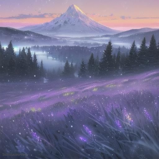 Snow Mountains and Frozen Lake in Lavender Oil Painting
