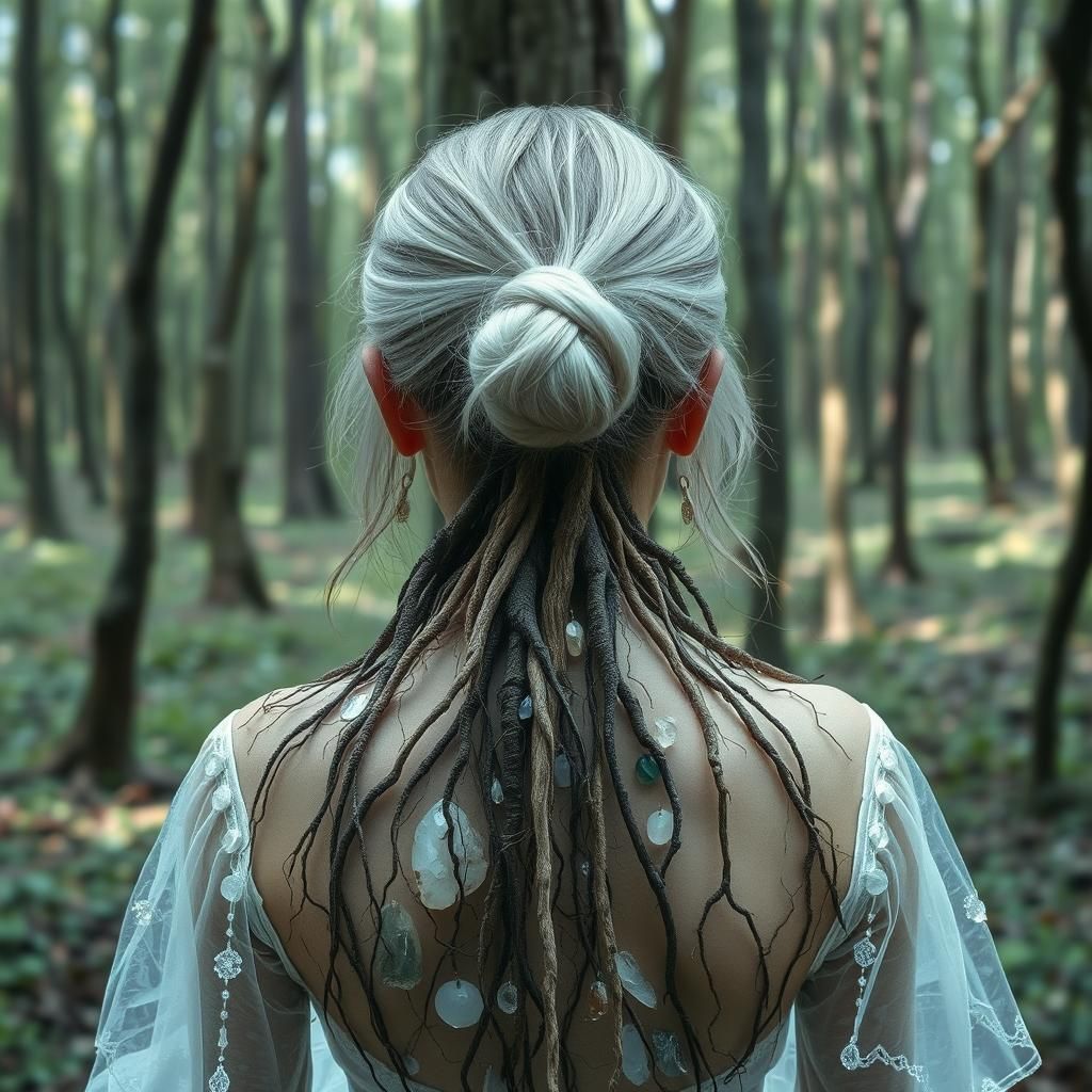 A forest with many roots on the back of a girl dressed in cr...