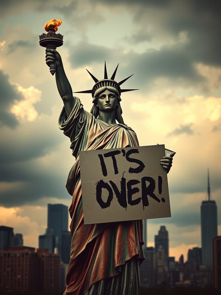 Statue of Liberty Holds Protest Sign Amid Stormy NYC Skyline