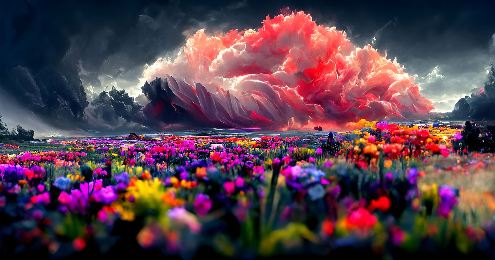 Flower Petal Storm Over Wasteland, Expressionist Painting