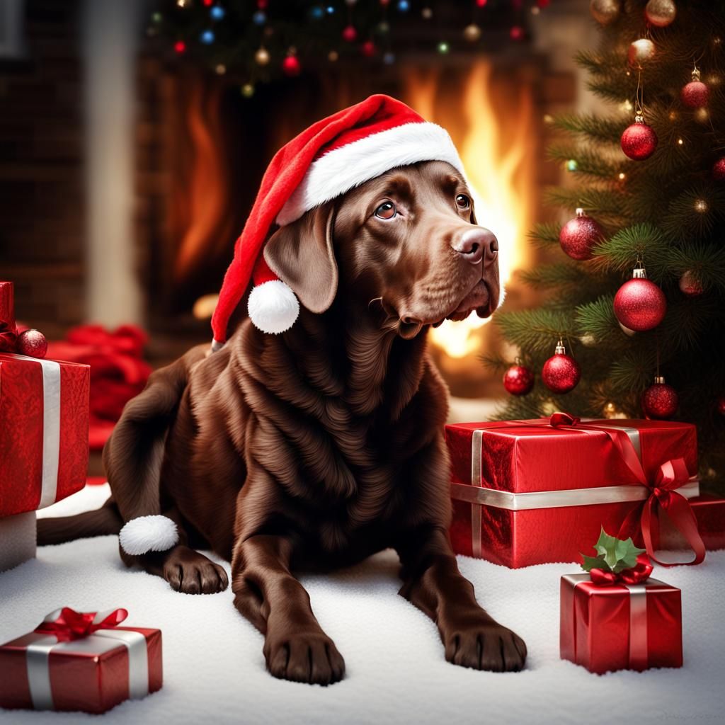 Chocolate Labrador in Santa Hat for Christmas