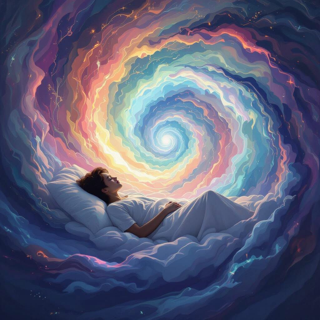 Dreamer Sleeps in Vibrant Abstract Art Vortex