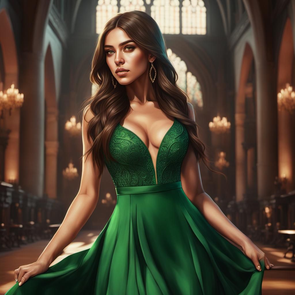 Elegant Digital Painting of a Woman in Green Dress