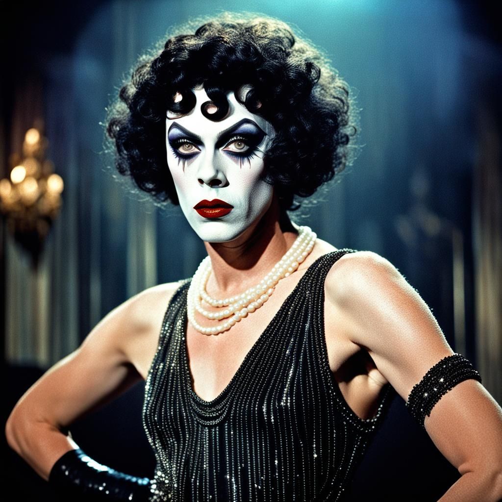 rocky horror picture show tim curry Dr Frank-N-Furter 1975 wearing pearls and glamorous makeup 1920s flapper dress and f...