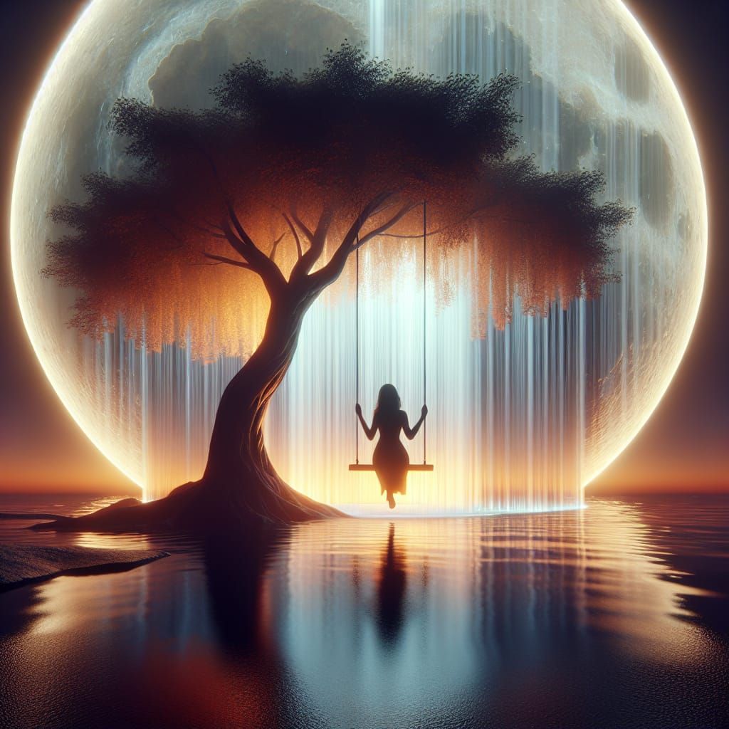 Moonlit Silhouette on a Swing in Dreamy Landscape