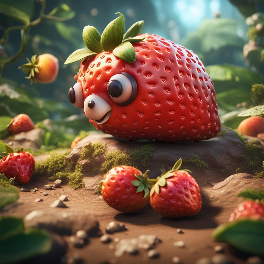 Strawberry Peach Animal Photography in 3D Style