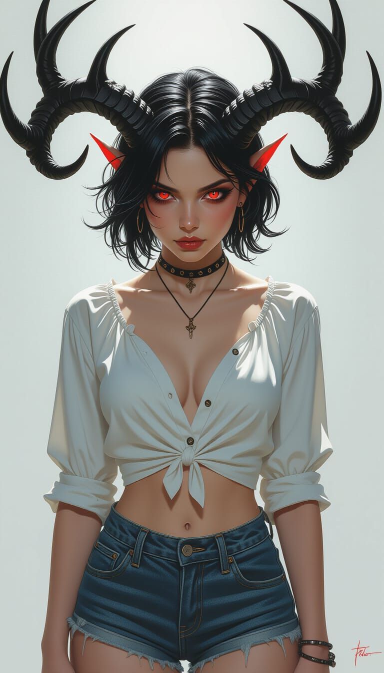 Intense Tiefling Maiden Stare in Dark Fantasy Style