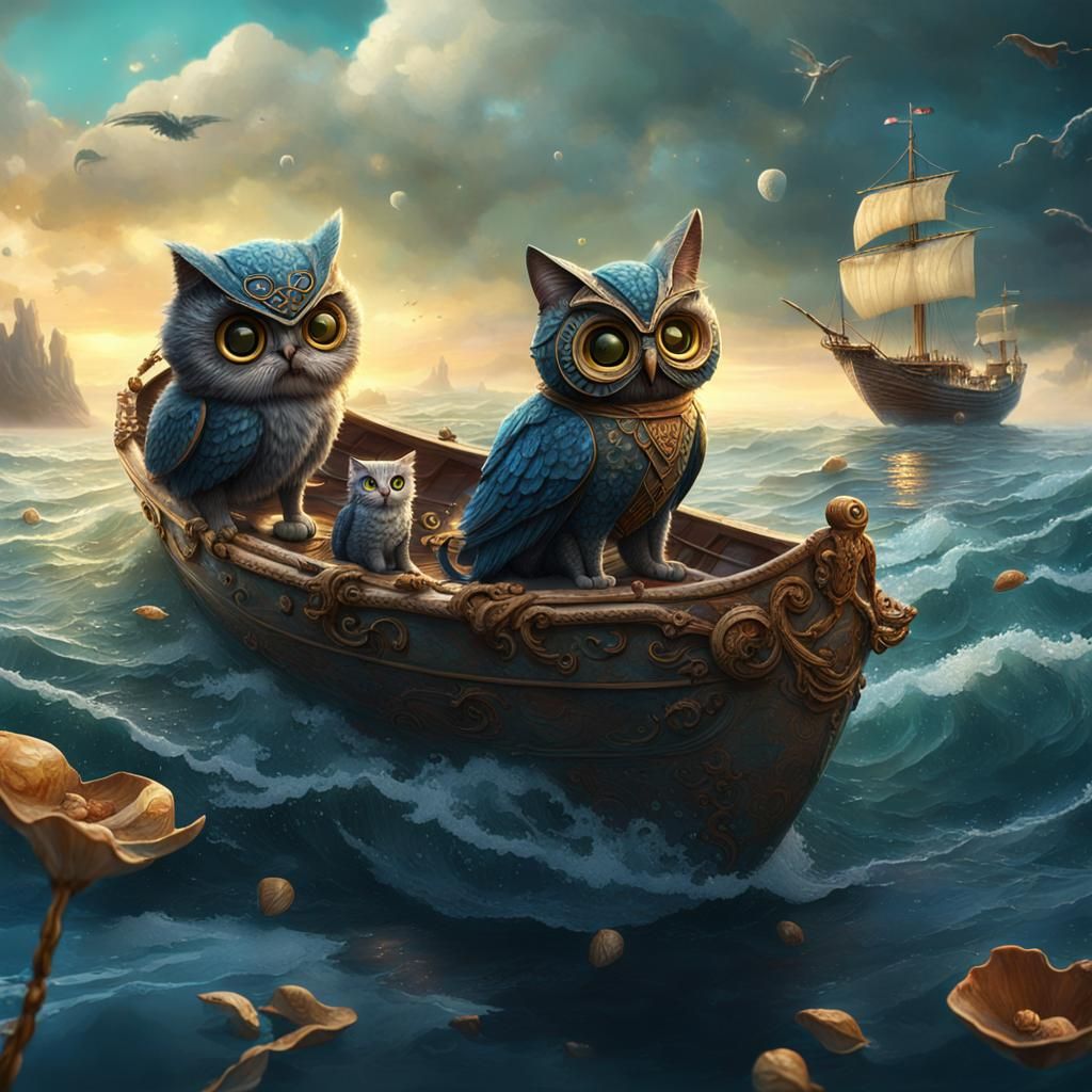Cat and Owl in Pea Shell Boat, Fantasy Art