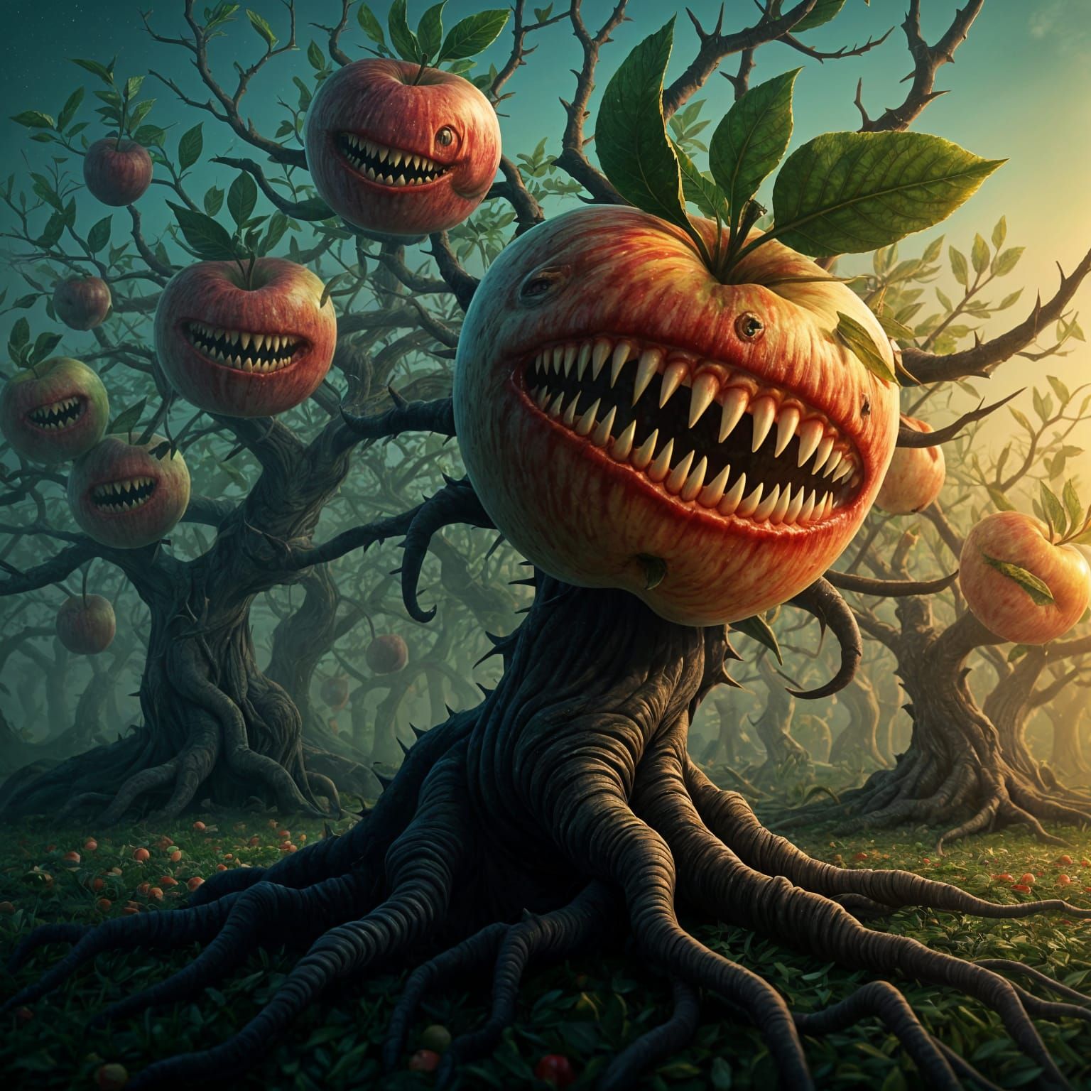 Menacing Fruit Garden in Hyperrealistic Style