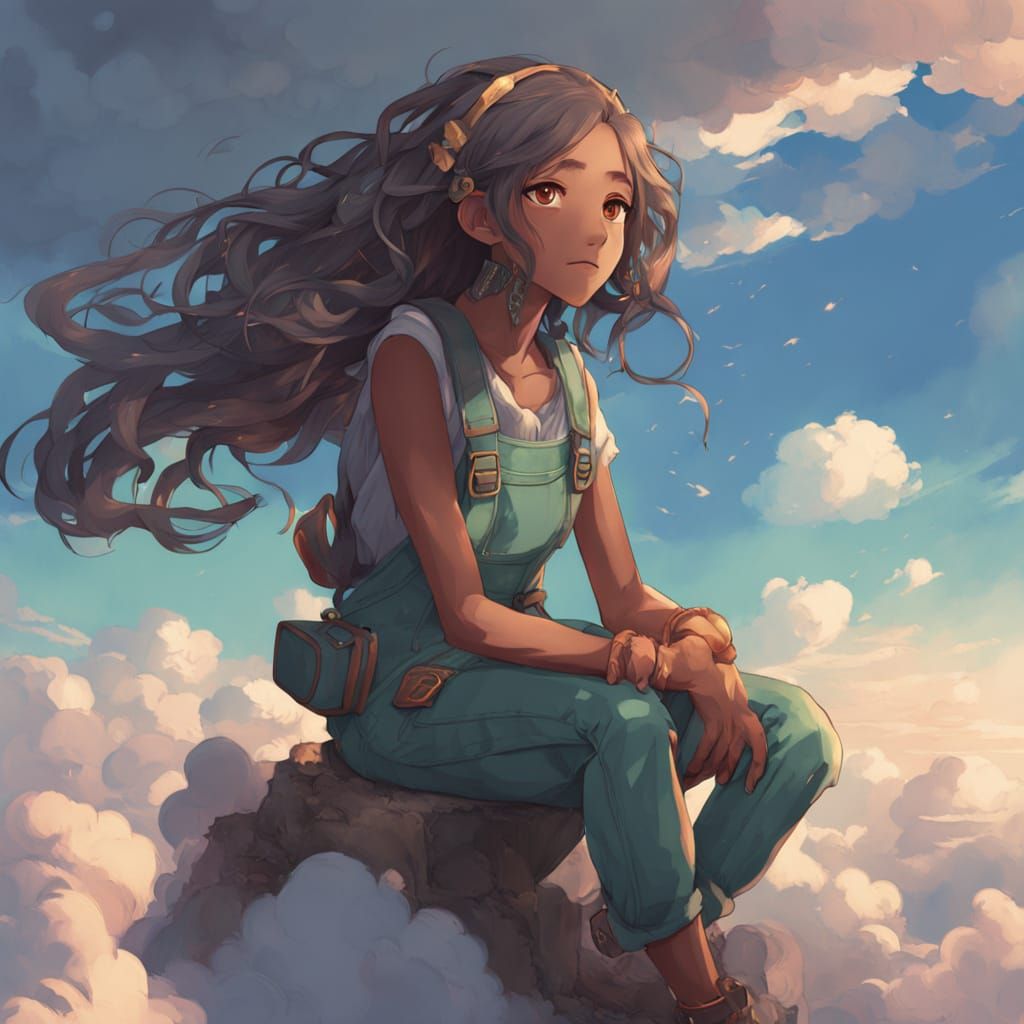 Anime Cloud Giant Woman in Overalls - Ethereal Fantasy Art