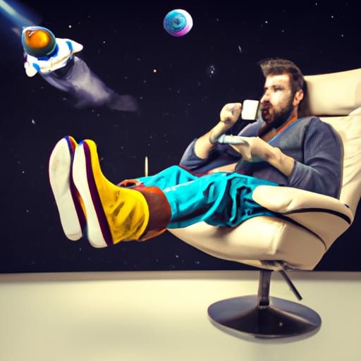 Man Sipping Coffee Flying in Space Armchair