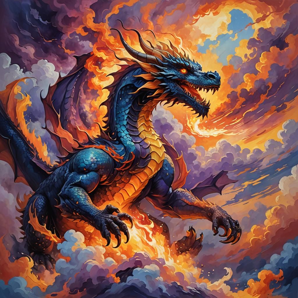 Dragon Breathing Fire at Sunset as Impasto Painting