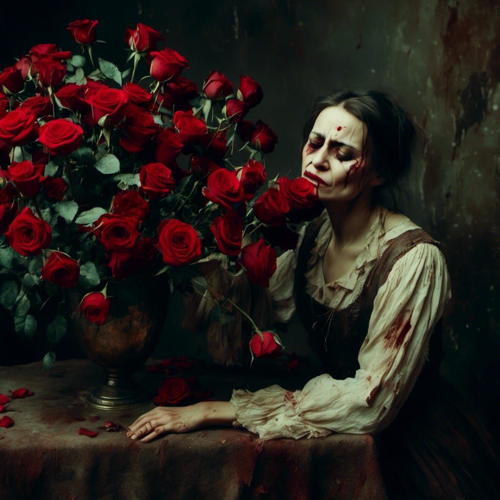 Woman's Tears Before Red Roses