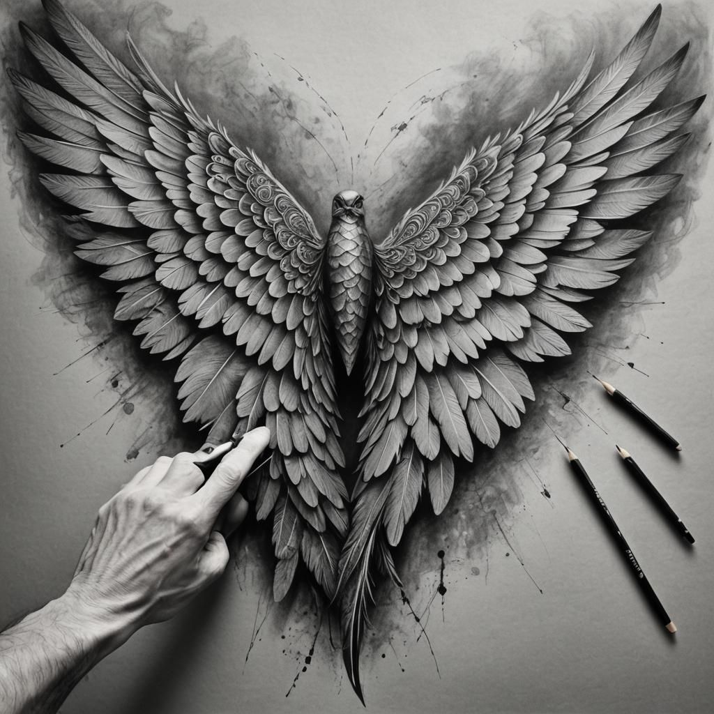 Detailed Charcoal Drawing of Wing Design