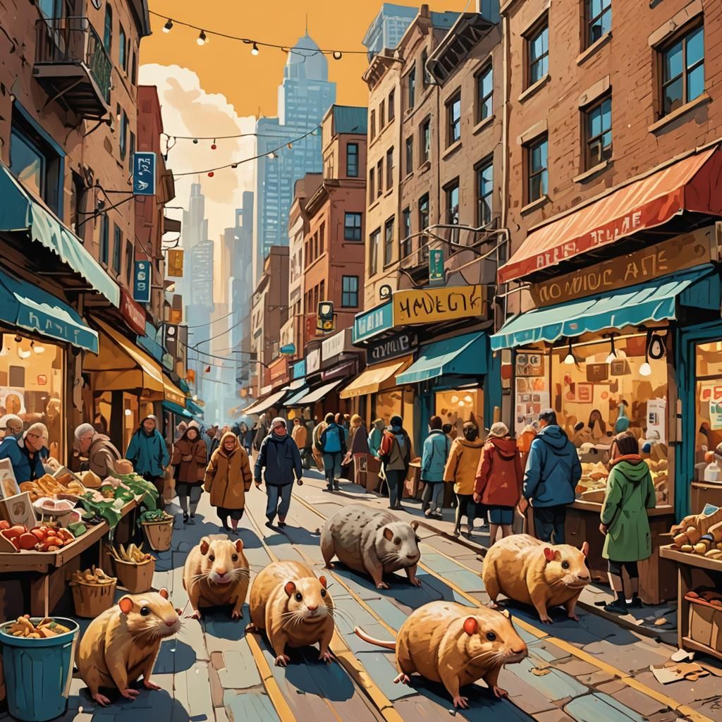 Whimsical Mole Rats in a Bustling City