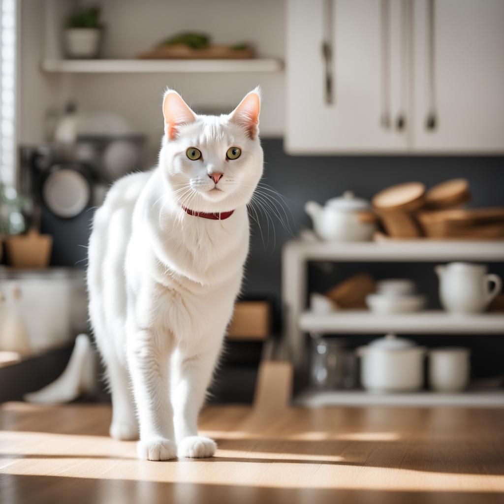 White Cat Walks Through Kitchen: Professional Photography