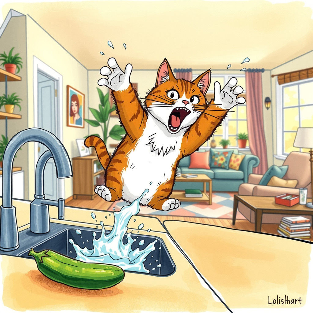 Frightened Cat's Cucumber Escape: Expressive Digital Art