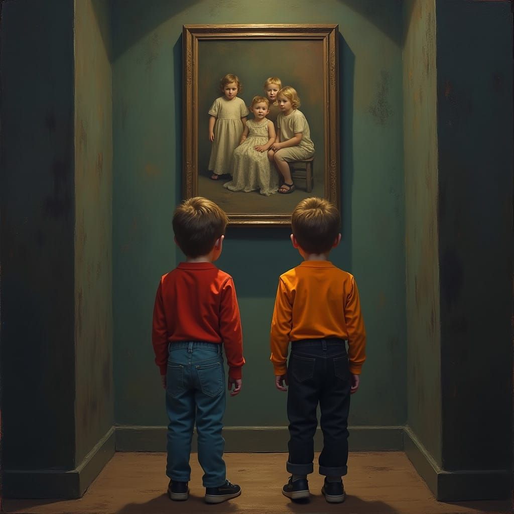 Muted Portrait of Frightened Children in a Haunting, Dimly L...