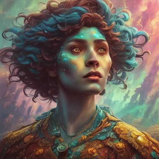 Rainbow Haired Woman Portrait in Hyperdetailed Style