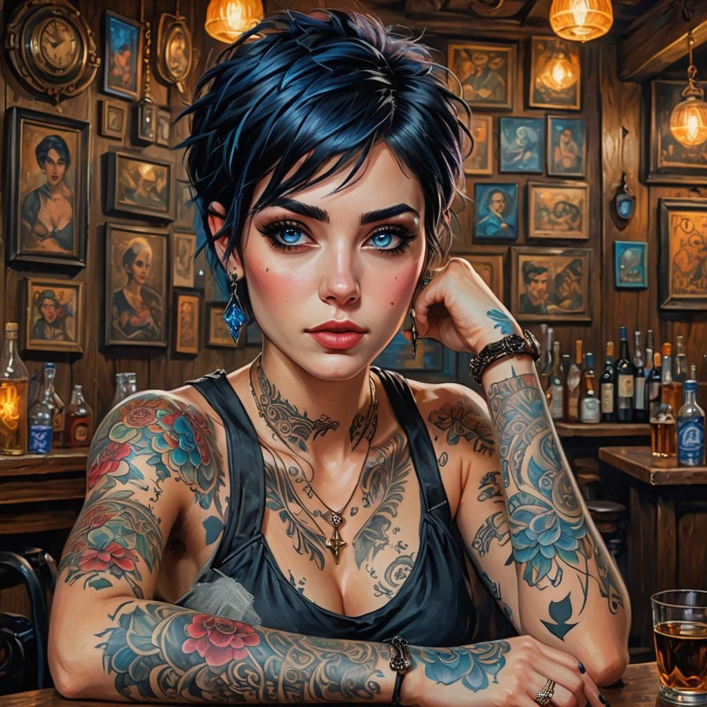 Tattooed Woman in Tavern, Arcane Oil Painting
