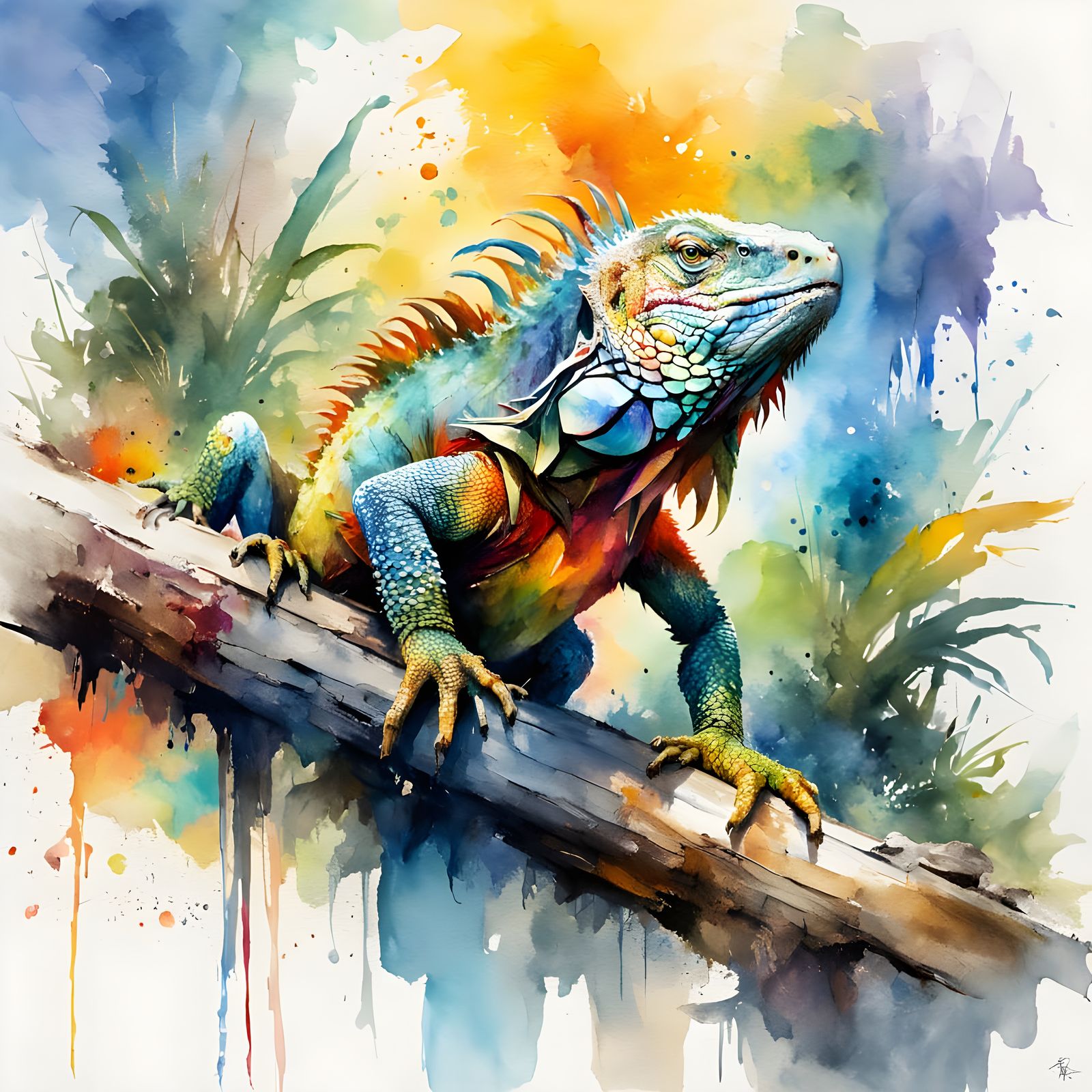 Iguana in Watercolor with Vivid Colors